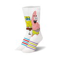 White crew socks featuring Spongebob and Patrick.  The socks have colorful horizontal stripes at the bottom.