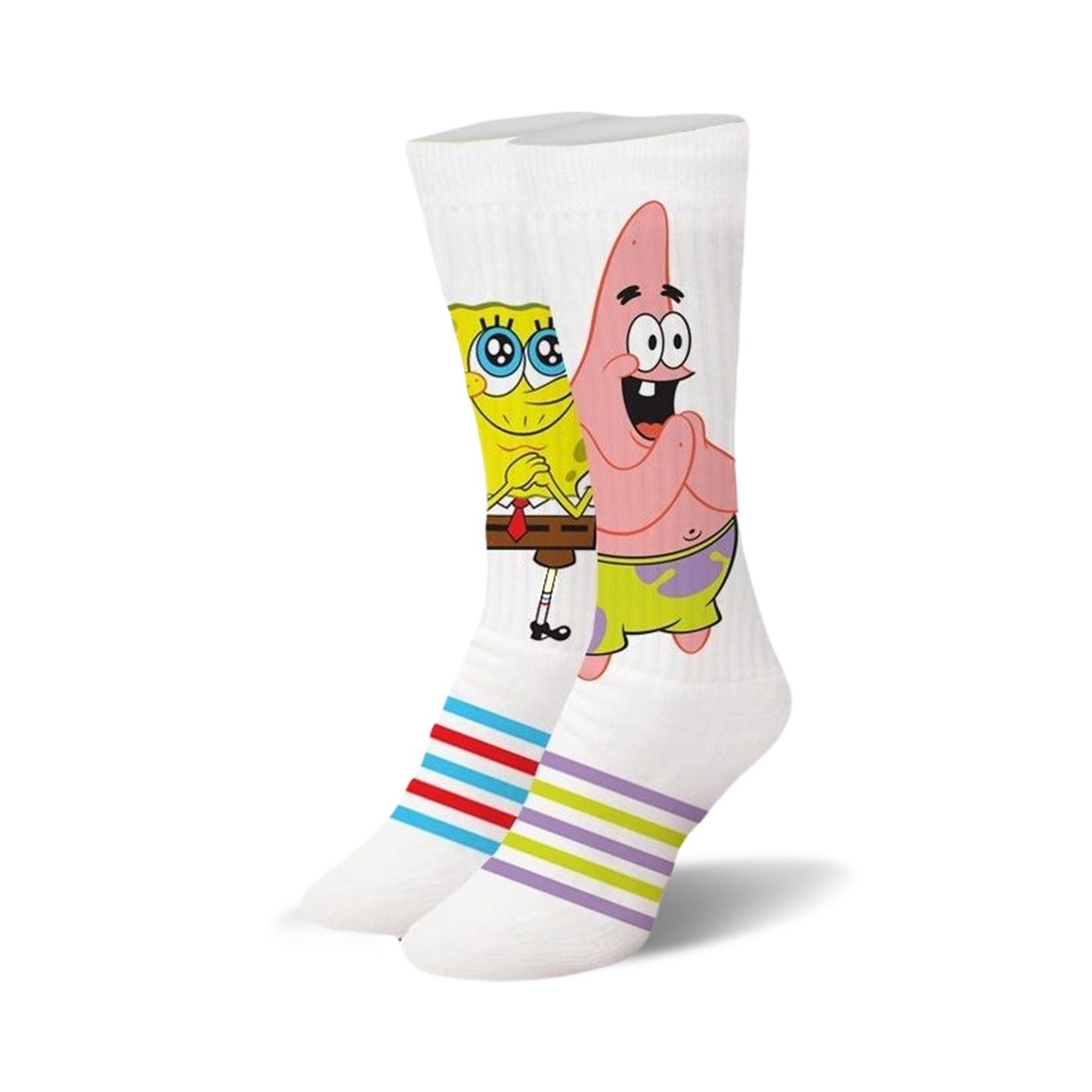 White crew socks featuring Spongebob and Patrick.  The socks have colorful horizontal stripes at the bottom.