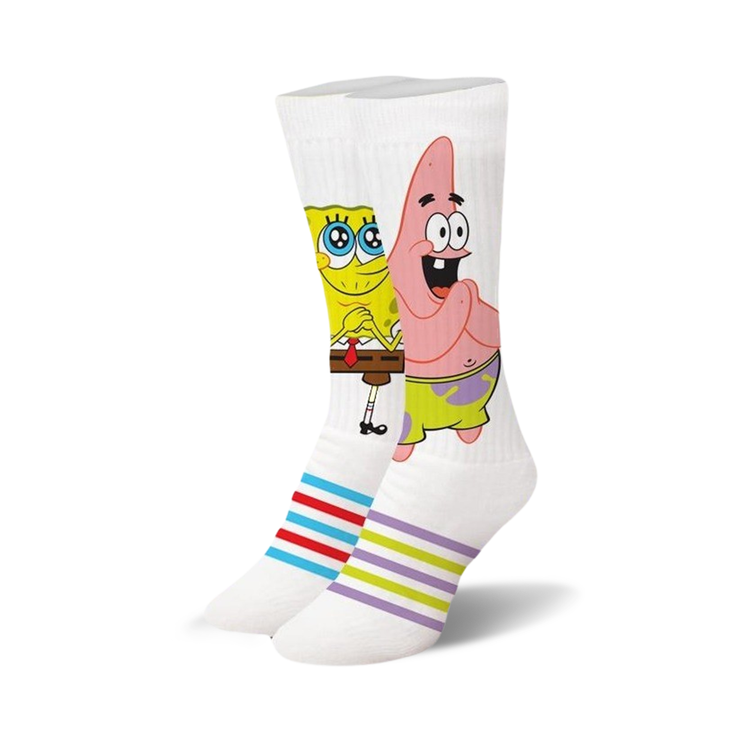 White crew socks featuring Spongebob and Patrick.  The socks have colorful horizontal stripes at the bottom.
