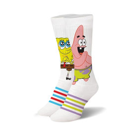 white crew socks featuring spongebob and patrick from spongebob squarepants. colorful striped pattern at top. womens.  