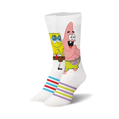 white crew socks featuring spongebob and patrick from spongebob squarepants. colorful striped pattern at top. womens.  