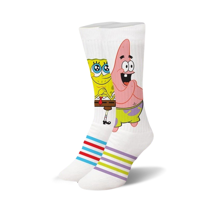 white crew socks featuring spongebob and patrick from spongebob squarepants. colorful striped pattern at top. womens.   }}