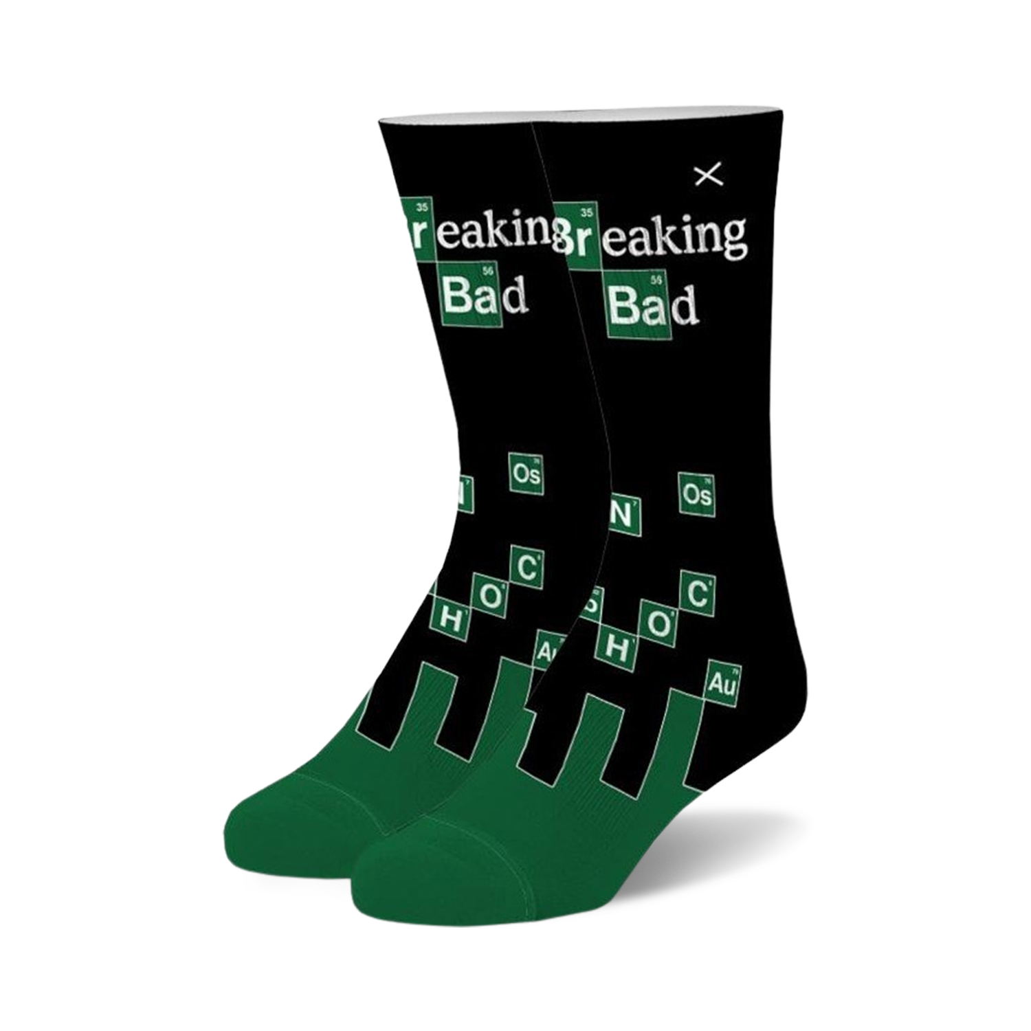 Pair of black crew socks with green accents.  Features the Breaking Bad logo and periodic table elements.
