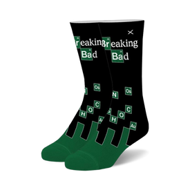 black crew socks with a green periodic table of elements chart. breaking bad fans and chemistry lovers.   