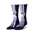 Pair of navy blue crew socks featuring a white skeleton foot and leg bone design.  A small cross is subtly stitched on the upper part of the sock.