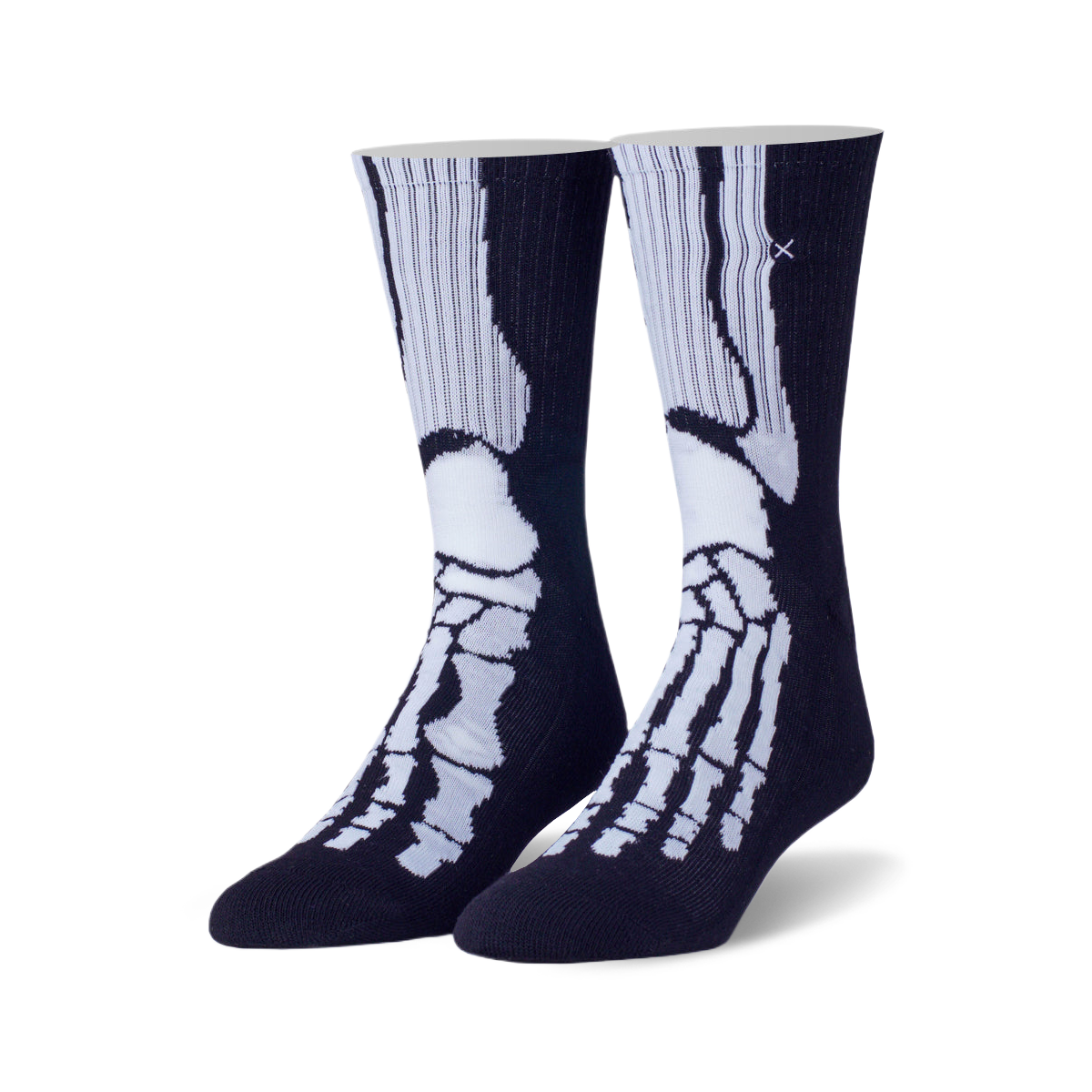 Pair of navy blue crew socks featuring a white skeleton foot and leg bone design.  A small cross is subtly stitched on the upper part of the sock.
