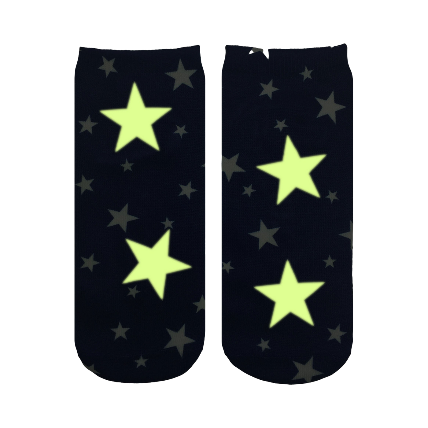 Close-up showing the Starry Night Glow socks glowing in the dark; the white stars illuminate a bright, pale yellow-green.