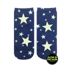 Pair of navy blue ankle socks with a glow-in-the-dark design. White stars of varying sizes are scattered across the socks, with larger stars prominently featured.