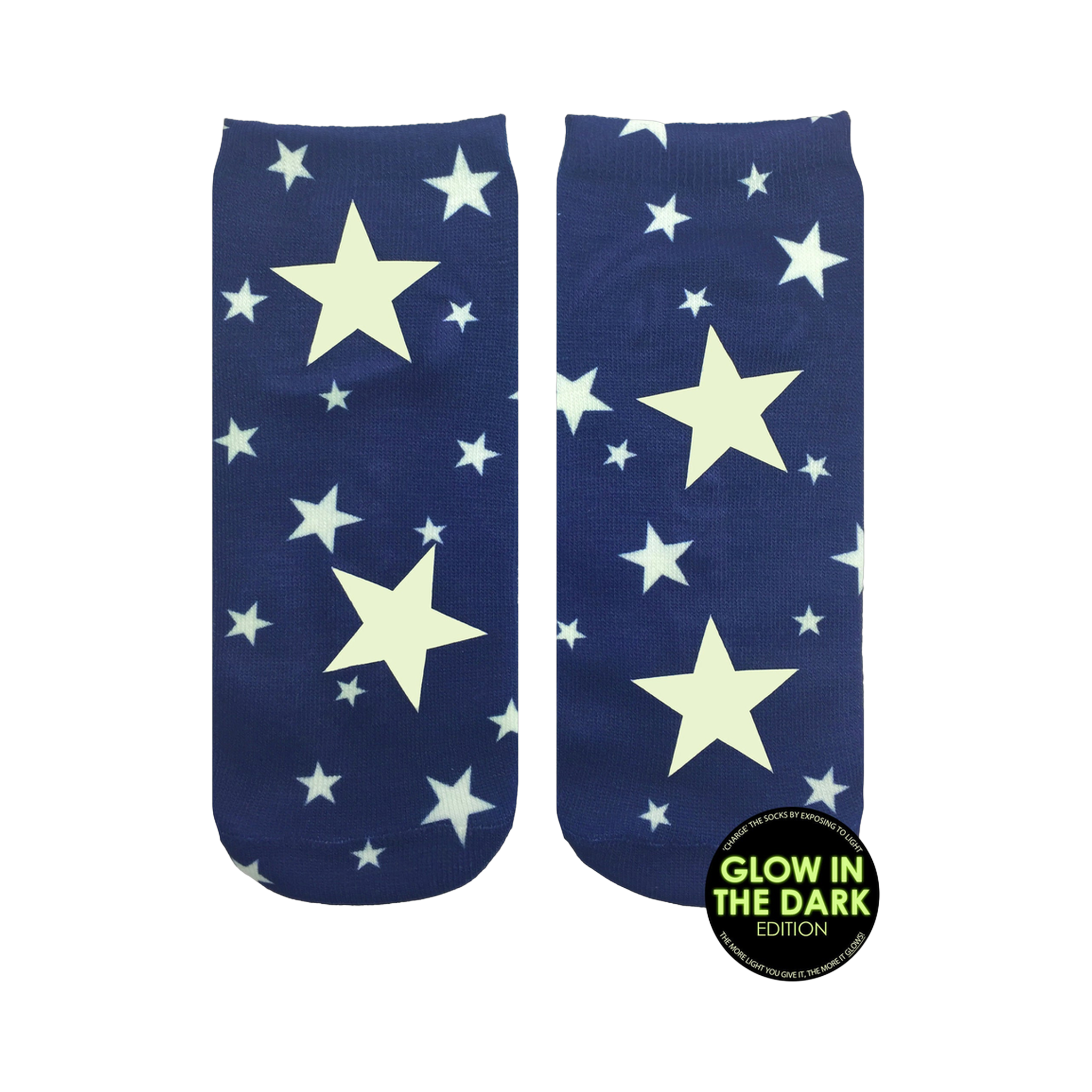 Pair of navy blue ankle socks with a glow-in-the-dark design. White stars of varying sizes are scattered across the socks, with larger stars prominently featured.