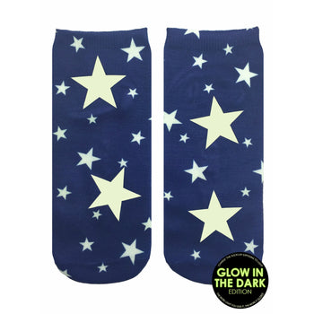 women's blue ankle sock featuring white star pattern, luminous in low light.  
