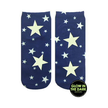 Pair of navy blue ankle socks with a glow-in-the-dark design. White stars of varying sizes are scattered across the socks, with larger stars prominently featured.