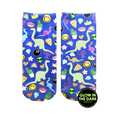 Pair of blue ankle socks with a fun print featuring glow-in-the-dark dinosaurs, rainbows, smiley faces, and other quirky elements.
