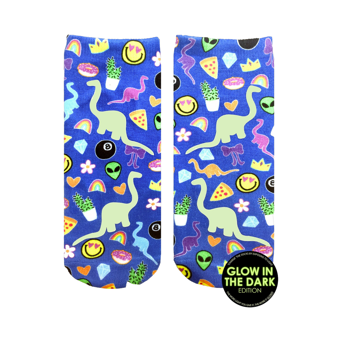 Pair of blue ankle socks with a fun print featuring glow-in-the-dark dinosaurs, rainbows, smiley faces, and other quirky elements.
