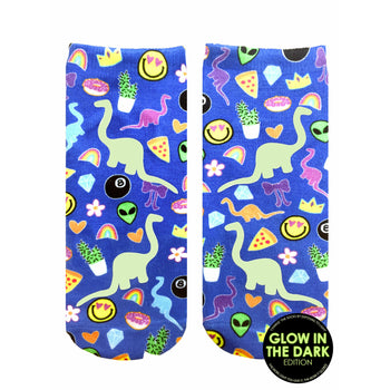 here's a matter-of-fact alt text description of the socks:  blue women's ankle socks with glow-in-the-dark dinosaur, flower, heart, rainbow, 8-ball, cactus, smiley face, crown, donut, pizza, alien, and bow patterns.  
