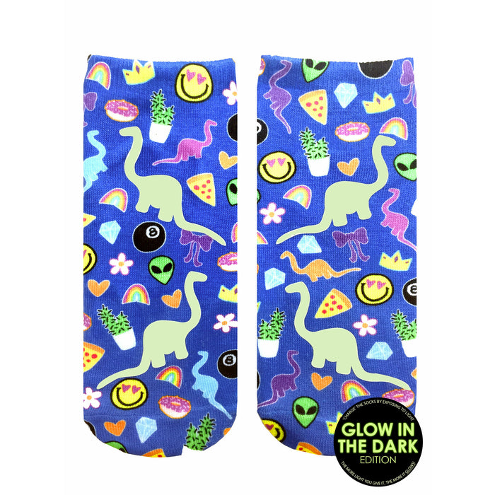 here's a matter-of-fact alt text description of the socks:  blue women's ankle socks with glow-in-the-dark dinosaur, flower, heart, rainbow, 8-ball, cactus, smiley face, crown, donut, pizza, alien, and bow patterns.  