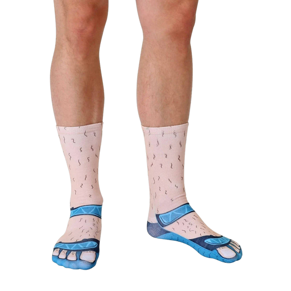 Close-up shot of Socks and Sandals Pale socks, showcasing the detail of the hairy leg and sandal design. [lf]