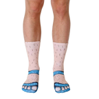 A pair of cream-colored crew socks depicting hairy legs wearing blue sandals.  Fun, novelty design. [lf]