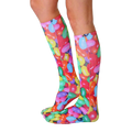 Lifestyle shot showing the Jelly Bean knee-high socks on a person's legs from the side. [lf]