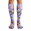 Pair of knee-high socks with a galaxy print. Kittens enjoying various foods like pizza and tacos are featured throughout the design. [lf]
