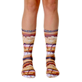 A pair of crew socks with a stacked donut design. The socks are primarily brown, pink, and white, with sprinkles. [lf]