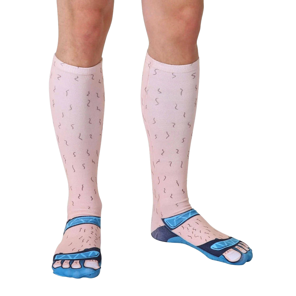 Close-up shot of Socks and Sandals Pale socks showcasing the detailed hairy leg and sandal design. [lf]