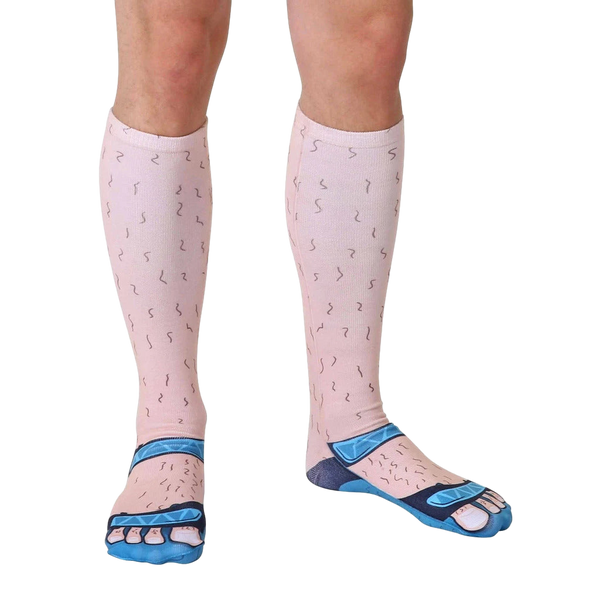 Close-up shot of Socks and Sandals Pale socks showcasing the detailed hairy leg and sandal design. [lf]