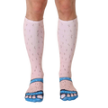 Pair of knee-high socks depicting hairy legs in light beige and blue sandals.  A humorous and unique design. [lf]