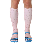 Pair of knee-high socks depicting hairy legs in light beige and blue sandals.  A humorous and unique design. [lf]