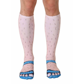 knee high socks in white with light brown hair pattern, blue sandal and exposed big toe. for men and women.    