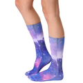 Lifestyle shot of a person wearing the Galaxy socks, showcasing how they look when worn. [lf]