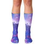 Pair of crew socks showcasing a vibrant galaxy print in shades of purple, pink, and blue. The design features nebulae and sparkling stars. [lf]