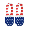 Flat lay product shot of a pair of Stars and Stripes no-show socks.  The American flag design is clearly visible.