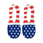 Flat lay product shot of a pair of Stars and Stripes no-show socks.  The American flag design is clearly visible.