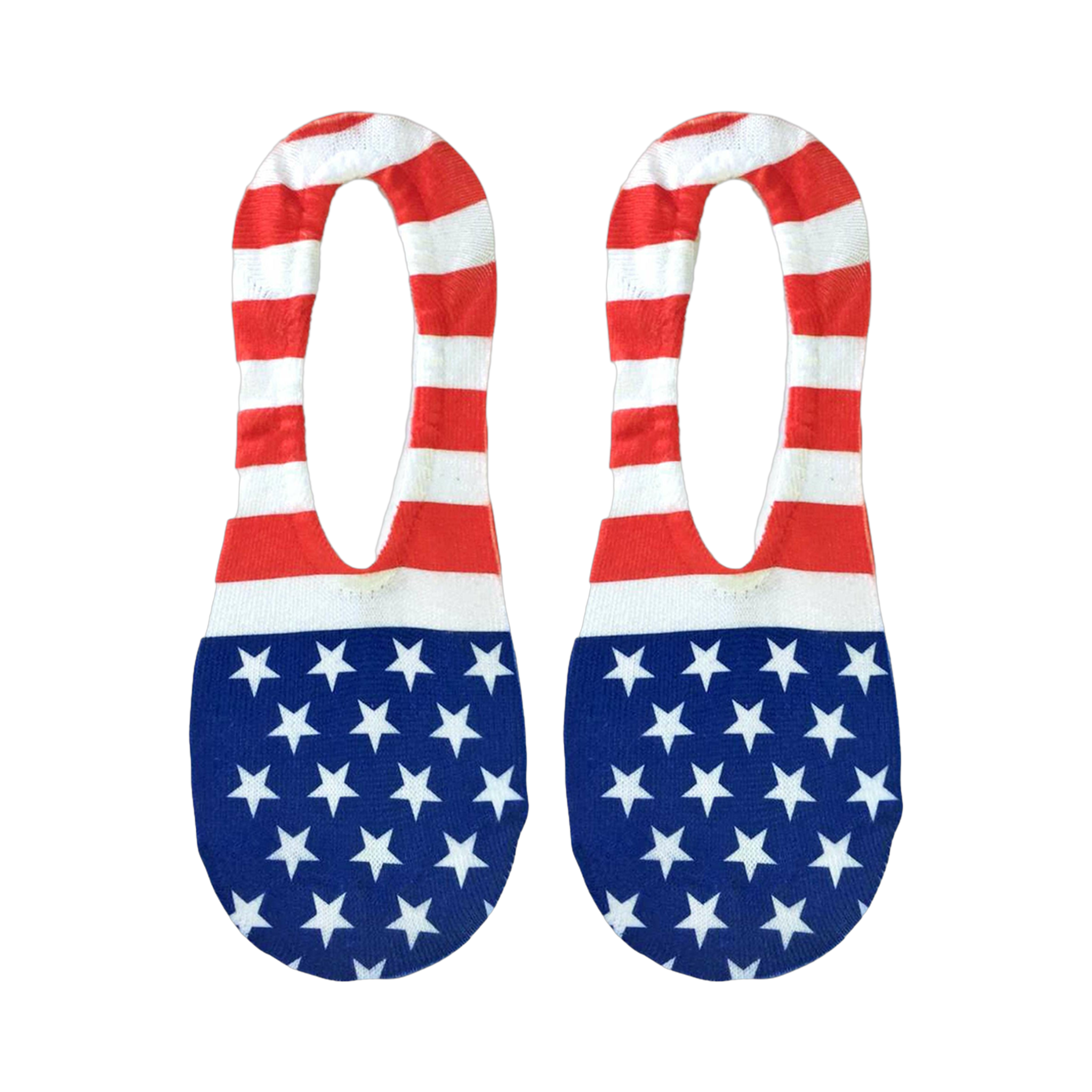 Flat lay product shot of a pair of Stars and Stripes no-show socks.  The American flag design is clearly visible.