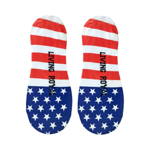 Close-up detail shot of the Stars and Stripes no-show socks, showcasing the Living Royal branding on the heel.