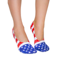 A pair of women's no-show socks in red, white, and blue. The socks feature an American flag design with stripes and stars. [lf]