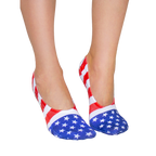 A pair of women's no-show socks in red, white, and blue. The socks feature an American flag design with stripes and stars. [lf]