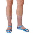 Lifestyle shot: A person's legs wearing the Socks and Sandals Tan socks from the ankles down; the socks are angled slightly to the right. [lf]