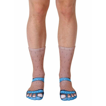 crew length socks featuring realistic hairy feet with blue toe-loop sandals. perfect for summer vibes. for men and women.  