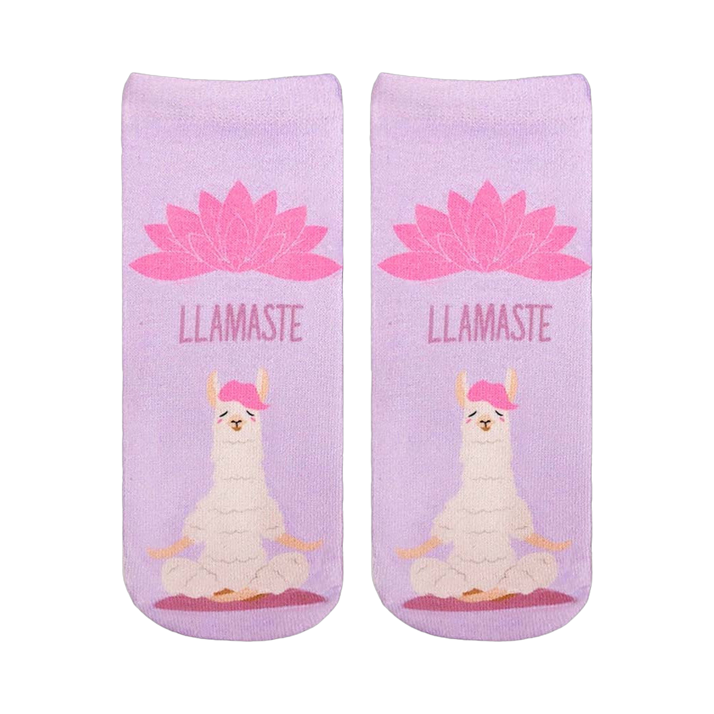 A pair of lavender ankle socks with a meditating llama and pink lotus flower. The socks feature the text "LLAMASTE" and showcase a cute, whimsical design.