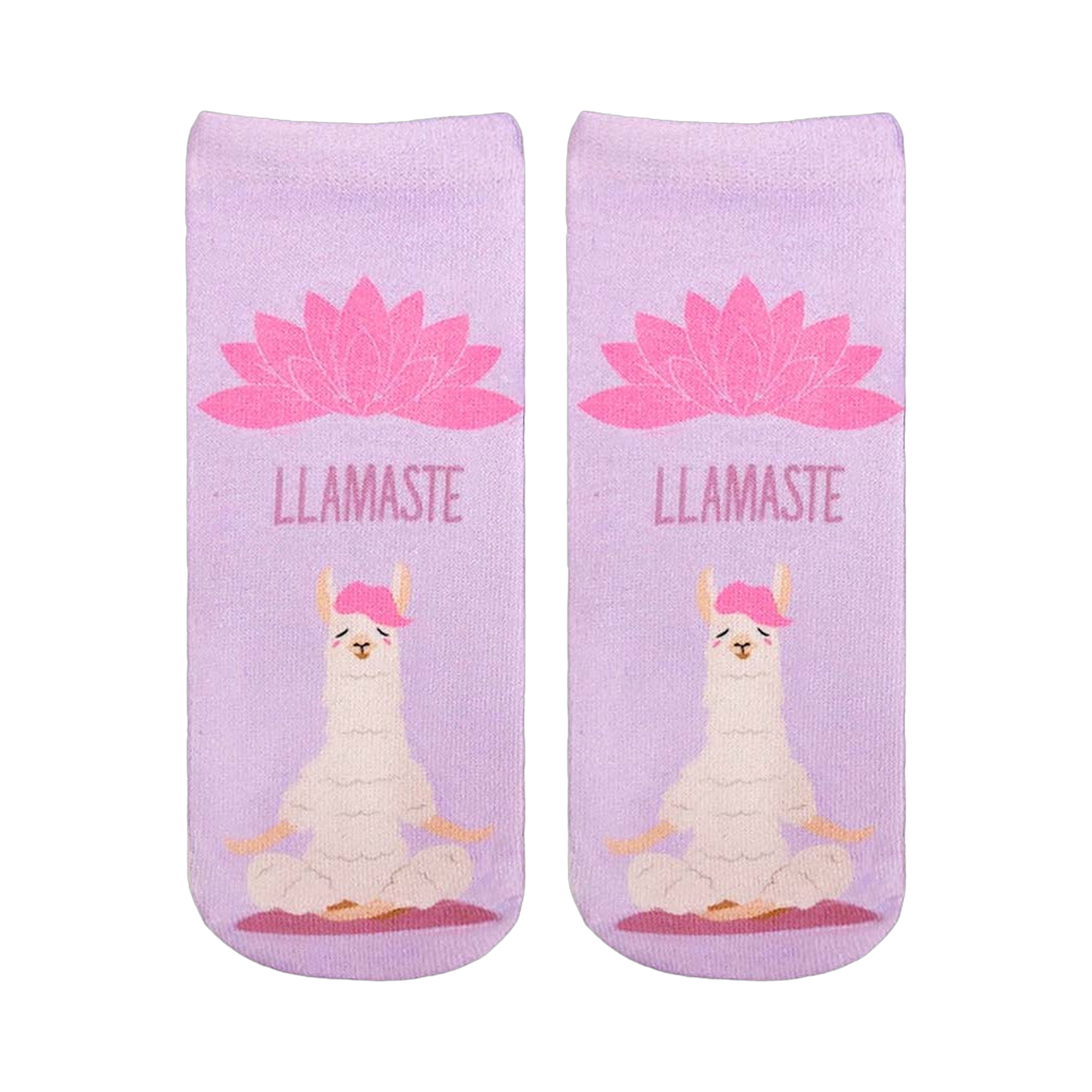 A pair of lavender ankle socks with a meditating llama and pink lotus flower. The socks feature the text "LLAMASTE" and showcase a cute, whimsical design.