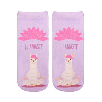 women's ankle socks yoga llama design. purple with pink lotus flower. llmaste text.  