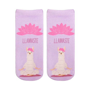 A pair of lavender ankle socks with a meditating llama and pink lotus flower. The socks feature the text "LLAMASTE" and showcase a cute, whimsical design.