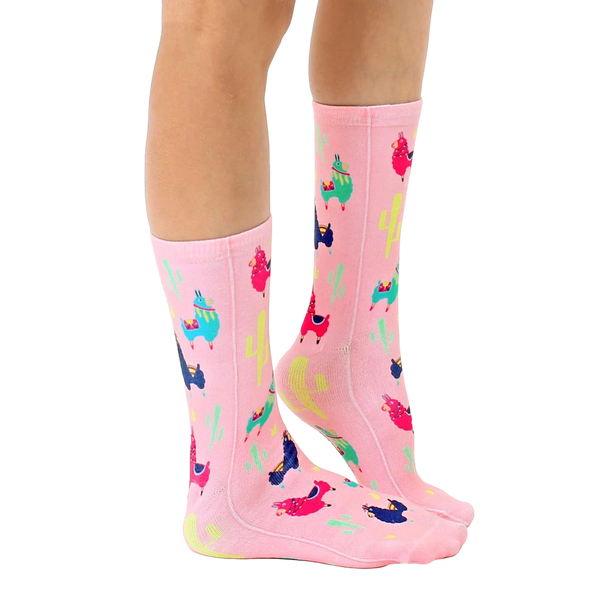 Lifestyle shot of Llama socks on a person's legs, highlighting the fit and style. [lf]