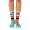 Teal crew socks with a fun BBQ design. Features images of grilled meats, grilling tools, and the phrase 'Grill Master'. [lf]