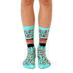 Teal crew socks with a fun BBQ design. Features images of grilled meats, grilling tools, and the phrase 'Grill Master'. [lf]