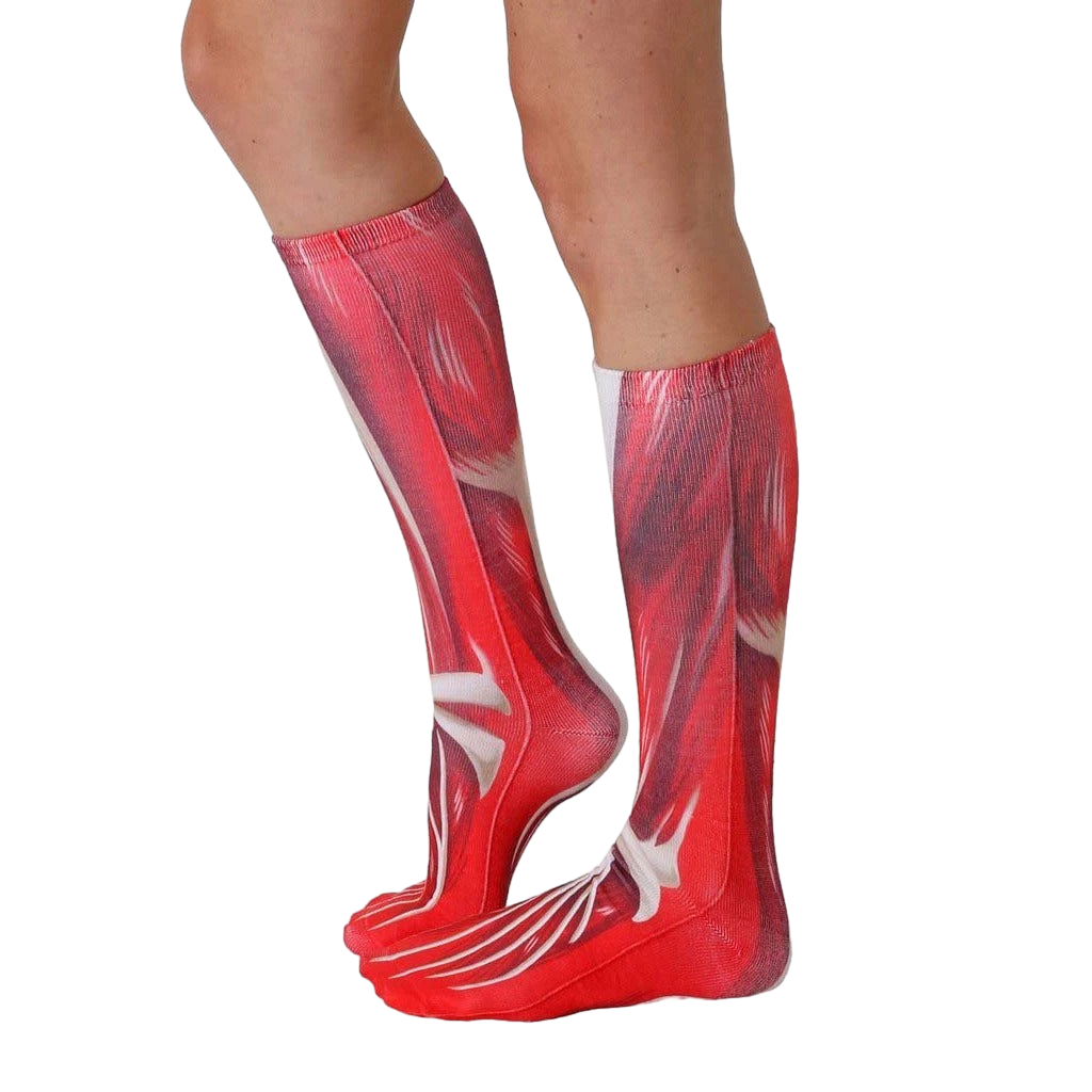 Lifestyle shot: Person wearing the muscle socks, showcasing how they look when worn. [lf]