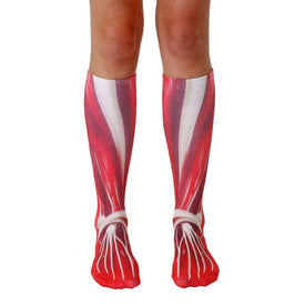 realistic human leg muscle print socks with white tendons and veins; knee-high length; white at the top; for men and women; medical theme.   