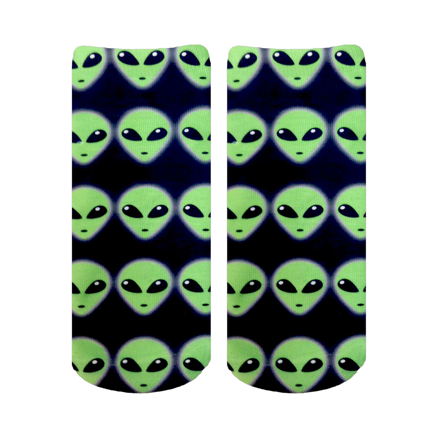Pair of ankle socks with an all-over pattern of light green alien faces on a navy blue background.