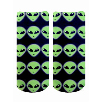 dark blue ankle socks featuring playful cartoonish green aliens with big eyes, perfect for the fashionable, sci-fi enthusiast.    